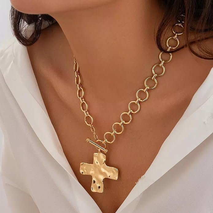 18k Gold Chunky Cross Necklace for Women Hammered Cross Choker Necklaces Bold Statement Necklace Trendy Jewelry