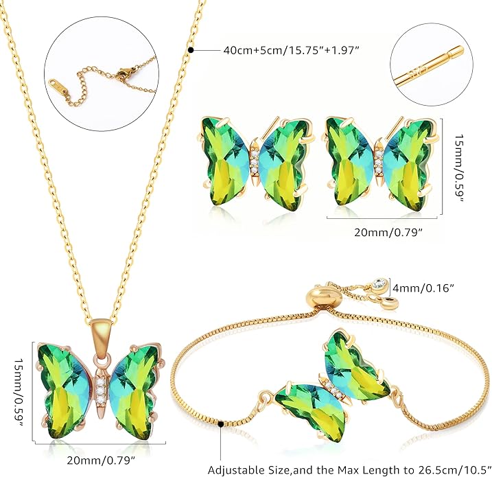 MISS RIGHT Butterfly Crystal Jewelry Set with Butterfly Necklace Stud Earrings Bolo Bracelet Adjustable Ring for Women Trendy, Iridescent Y2K Dainty Butterfly Jewelry Gifts
