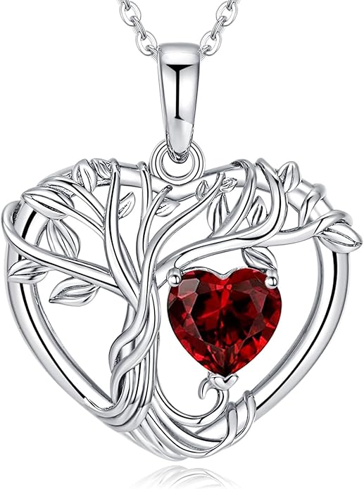 Tree of Life Necklaces for Women 925 Sterling Silver Heart Pendant Birthstone Necklace Created Gemstone Jewelry for Her, 18"+2"