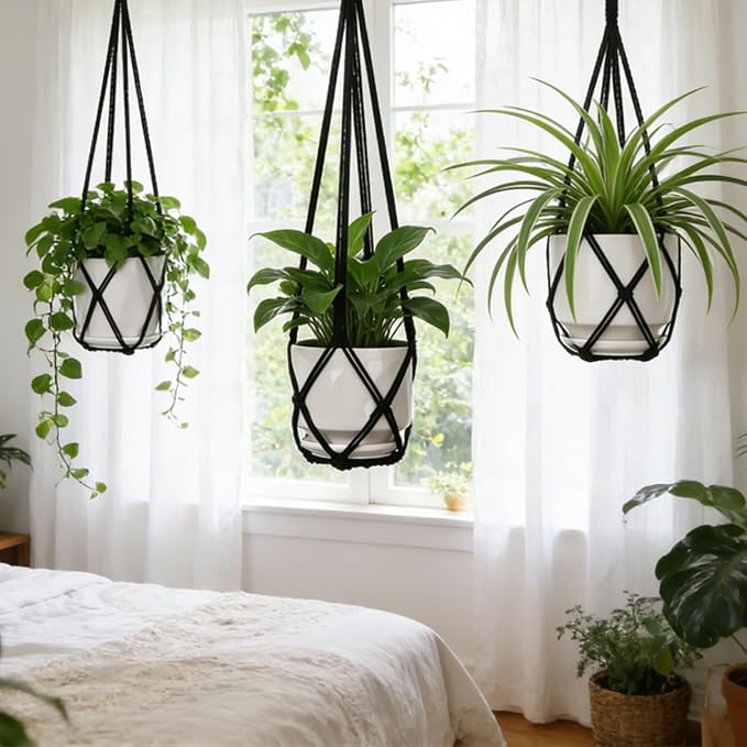 YIBOT Black Macrame Plant Hanger Indoor Hanging Planter Basket | 3 Pack Crochet - Image 7