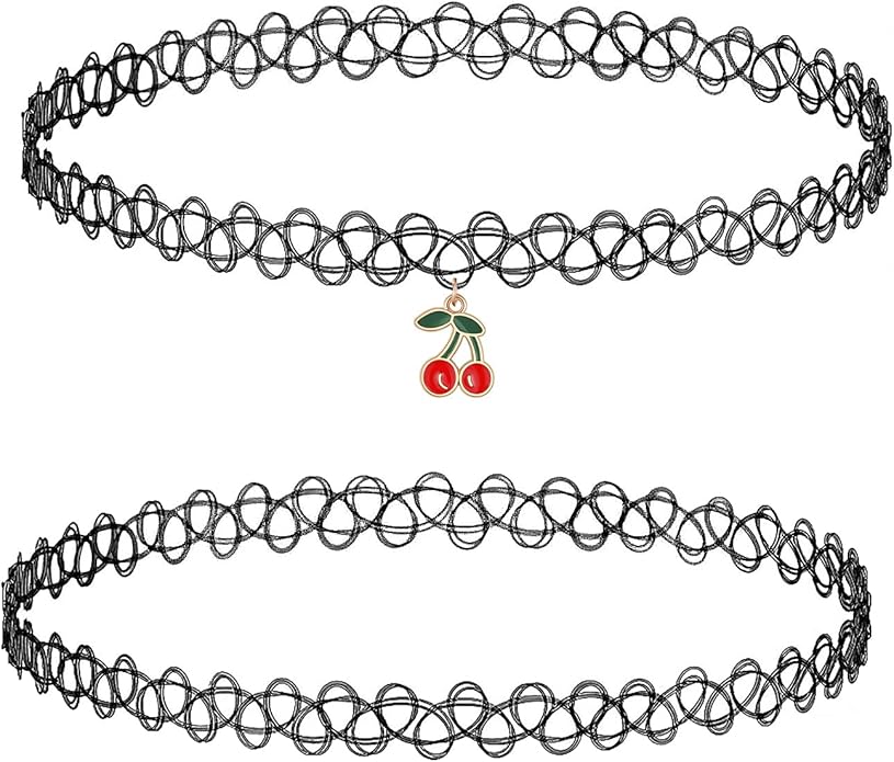 BodyJ4You 2PC Tattoo Choker Necklace - 90s Choker Necklace Women - 2000s Y2K Black Chokers Rainbow Choker - Butterfly Ying Yang Unicorn Rainbow Charms - Stretchy Elastic Necklace