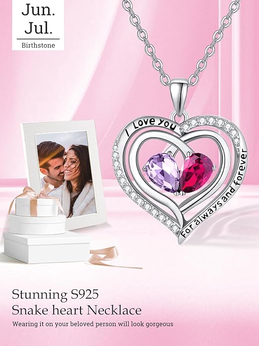 Valentine's Day Gifts for Wife 925 Sterling Silver Double Birthstone Pendant Necklaces I Love You for Always and Forever Necklace Anniversary Birthday Gifts for Wife Girlfriend Mom Her