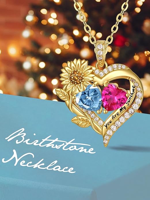 Sunflower Heart Necklace for Women 14K Gold Exquisite Valentines Day Anniversary Birthday Gifts for Wife Mother Her Double Birthstone Pendant Jewelry‘You Are My Sunshine’