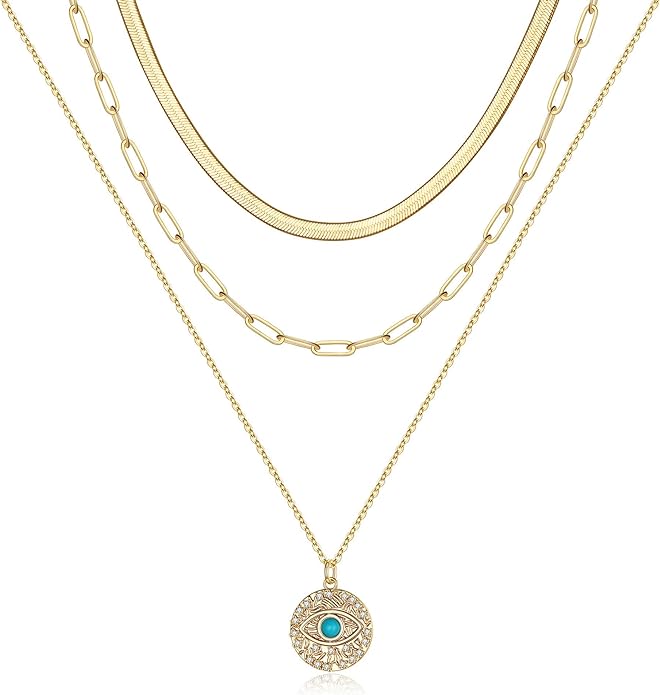 Turandoss Dainty Layered Choker Necklace, Handmade Y Pendant Necklace Multilayer Bar Disc Necklace Adjustable Layering Choker Necklaces for Women