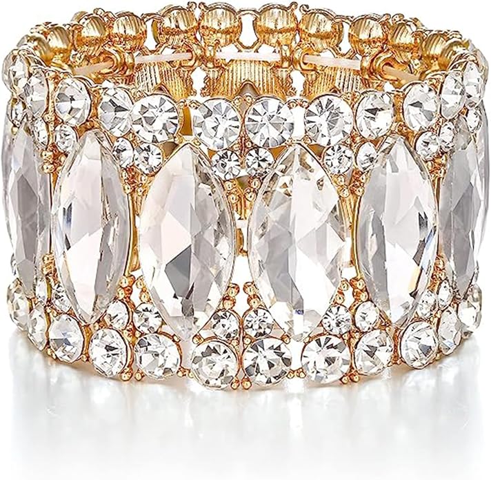 Women’s Elegant Wedding Bridal Crystal Double Row Marquise-Shape Leaf Stretch Bangle Bracelet Bride Jewelry for Women