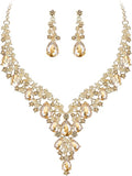 BriLove Women's Wedding Bridal Austrian Crystal Teardrop Flower Cluster Statement Necklace Dangle Earrings Jewelry Set for Party Prom