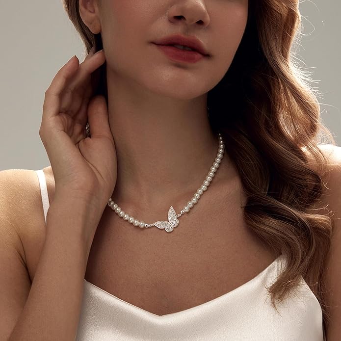 Zeffy Pearl Necklace 4MM/6MM/8MM Dainty Round Imitation Pearl Choker Necklace Wedding Pearl Necklace Delicate Jewelry for Women Simple Bridesmaid Jewelry Gifts