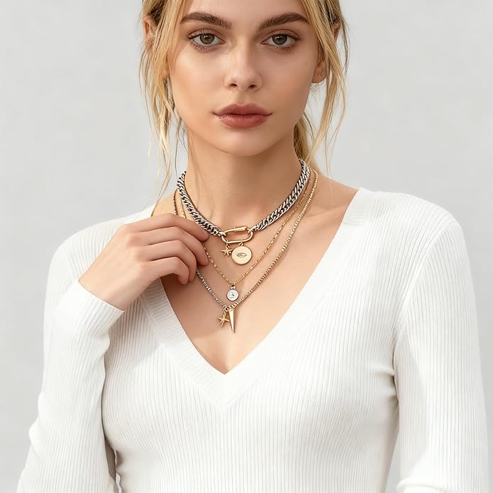 Gold Layered Necklaces for Women, 2PCS/3PCS Mixed Metal Necklace Set with Gold and Silver Necklace Chains with Evil Eye, Star & Spike Charms, Chunky Necklaces for Women & Necklace Stack Trendy Pendant Jewelry Birthday Valentines Day Gifts for Her