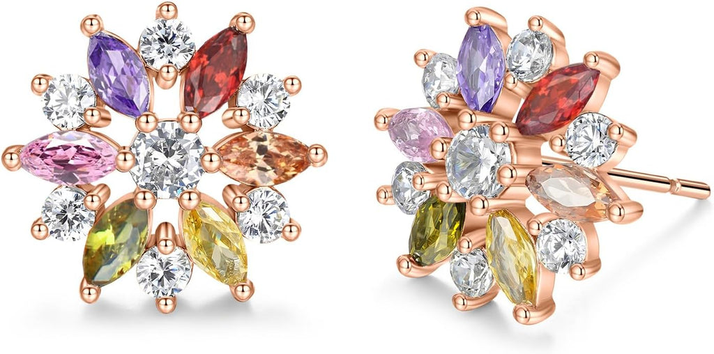 VONSSY Colorful Snowflake Pendant Necklace Earrings Rose Gold 5A Cubic Zirconia | Crystal Sweater Chain | Multi Gemstone Garnet Amethyst Morganite Peridot Prom Rhinestone Necklaces for Women Vintage Stylish Gift
