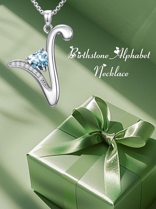 Valentines Day Gifts for Women Alphabet A to Z Initial Birthstone Pendant Necklaces for Women - 18k White Gold Plated Personalized Name Jewelry Valentine Mothers Day Birthday Gifts for Women Her Girlfriend