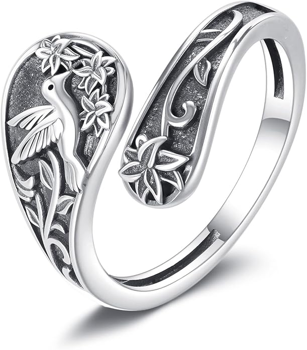 URONE Hummingbird/Bee/Scorpion/Moon Phase Spoon Ring Sterling Silver Thumb Ring Vintage Jewelry Gifts for Women