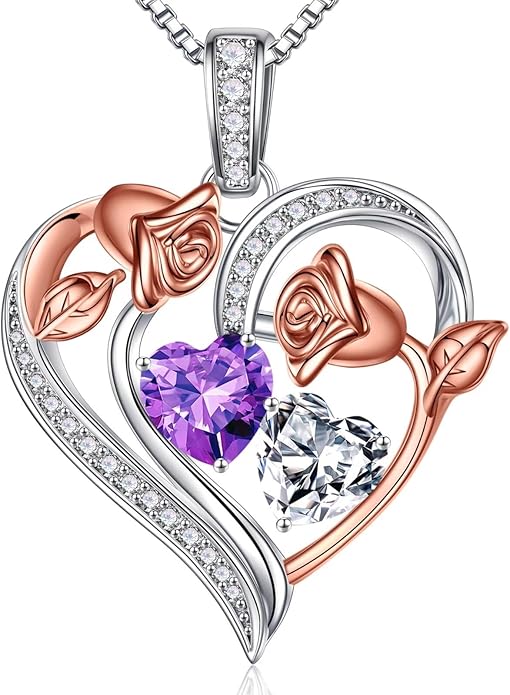Iefil Valentines Day Gifts for Her - 925 Sterling Silver Rose Heart Necklace, Birthstone Jewelry, Anniversary Birthday Gifts for Wife Girlfriend Mom Daughter