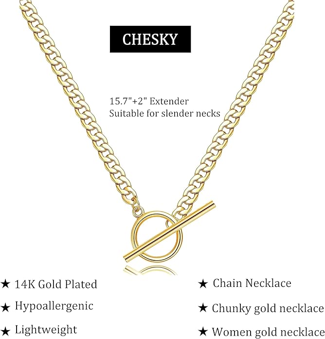 CHESKY Layered Necklaces for Women, 14K Gold Plated Chain Necklace Women Trendy Cuban Link Paperclip Chain Toggle Clasp Necklace Fashion Chunky Jewelry for Women