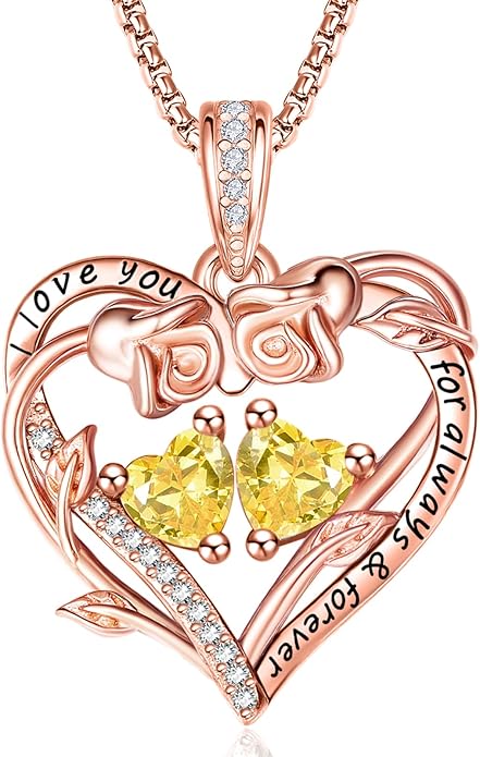 Rose Heart Necklaces for Women, Rose Gold Forever Love Jewelry with 2 Birthstones Pendant,Valentines Anniversarry Birthday Gifts for Her Wife Mom Grandma Daughter, 18+2 Inch Chain