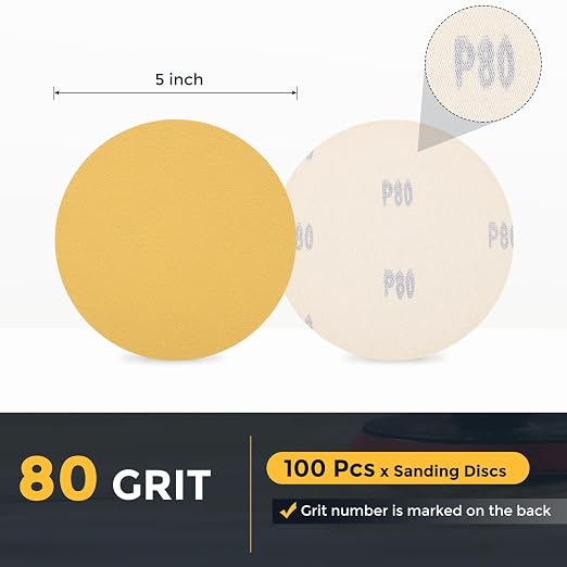 HARFINGTON 100 Pcs 5 Inch Sanding Discs 80 Grit Yellow Aluminum Oxide | Hook - Image 2
