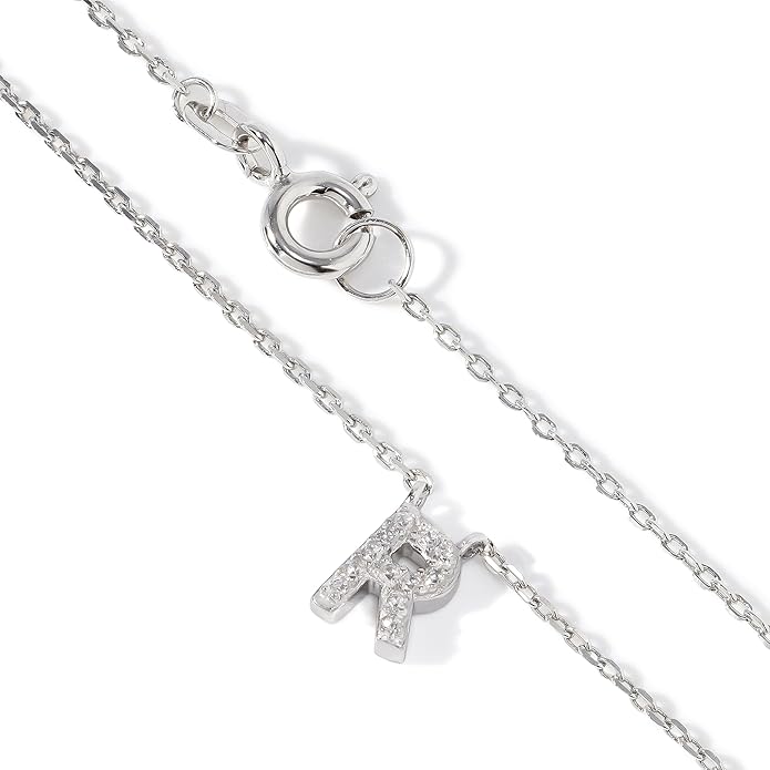 JTV Sterling Silver Initial Necklace for Women, 0.13 CTW White Cubic Zirconia Letter Pendant, Rhodium-Plated, Personalized Monogram Jewelry, Gift Box Included, 18”