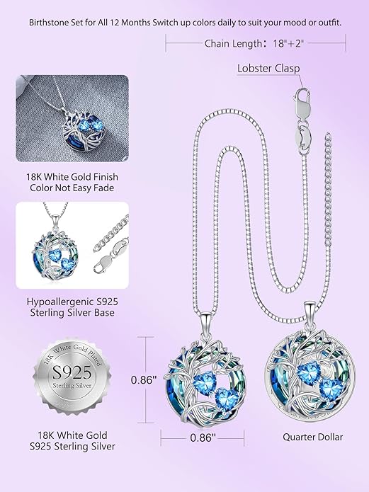 TOUPOP s925 Sterling Silver Family Celtic Tree of Life Pendant Necklaces with 2 Heart Birthstone with Blue Austrian Crystal Jewelry Birthday Valentines Day Gifts for Her, Anniversary Christmas Gifts for Wife Girlfriend Mom (18K Real White Gold Filled)