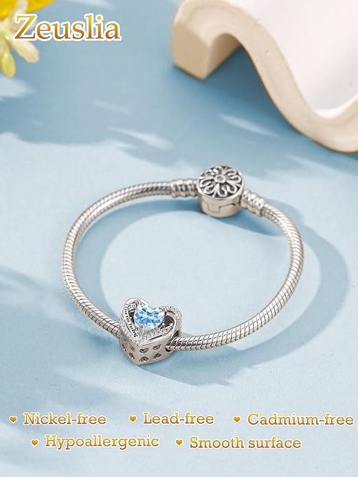 Heart Birthstone Charms for Bracelets, 925 Sterling Silver Women Bead Charms for Charm Bracelets Necklace, Mother's Day Birthday Anniversary Jewelry Gifts for Wife Mom Grandma Daughter