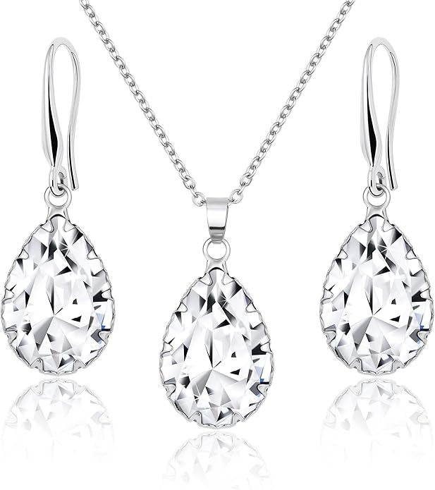 Linawe Crystal Jewelry Sets for Women, Imitation Diamond Pendant Necklace, Rhinestone Drop Dangle Earrings, Birthstone Cubic Zirconia Matching Wedding Jewelry, 14K Gold/Rose Gold/Silver Tones