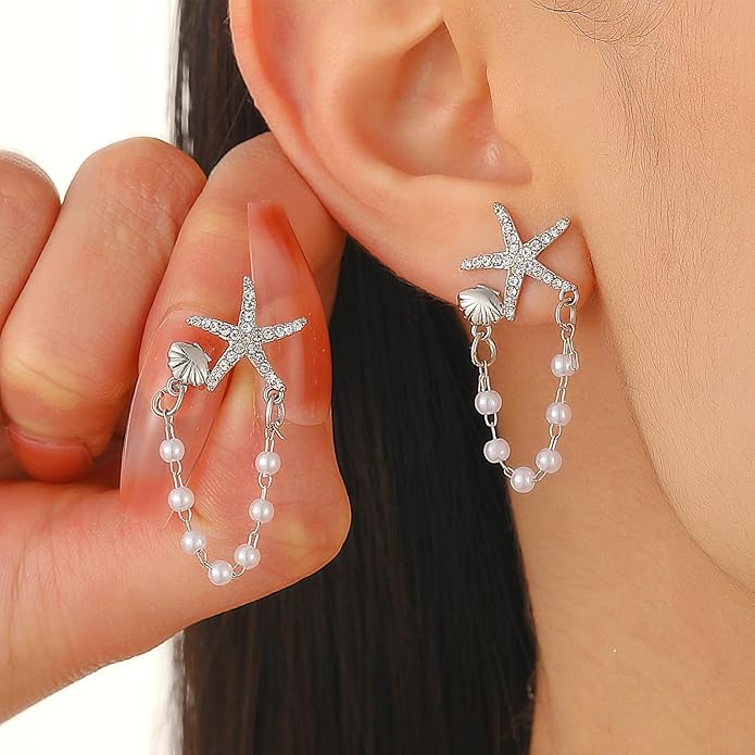 Seashell Starfish Earrings Beach Jewelry for Women Pearl Drop Shell Earrings Ocean Beachy Fashion Accessories Womens Summer Outfits 2026 Tropical Vacation Outfits Beach Vacation Clothes Dresses