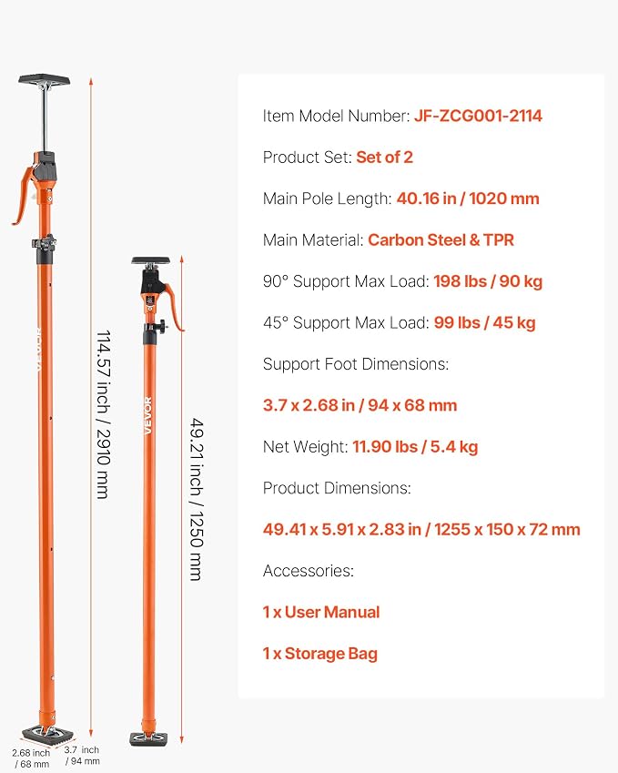 VEVOR Cabinet Jack Support Pole, 49.2-114.6 Inch Steel Telescopic Quick Support - Image 7