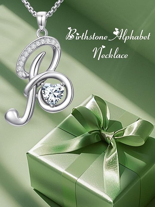 Valentines Day Gifts for Women Alphabet A to Z Initial Birthstone Pendant Necklaces for Women - 18k White Gold Plated Personalized Name Jewelry Valentine Mothers Day Birthday Gifts for Women Her Girlfriend