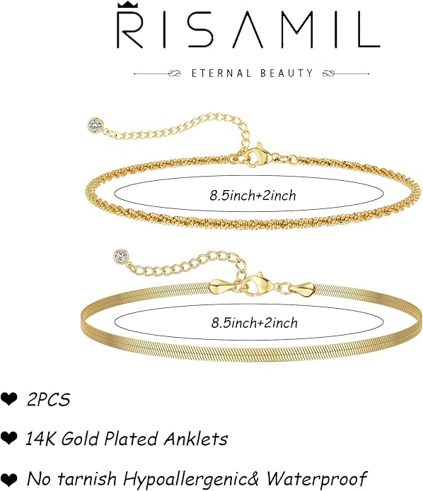 Risamil 14K Gold Plated Ankle Bracelets for Women, Anklets for Women Waterproof Layered Ankle Bracelets for Women Teen Girl Herringbone Anklet Set Summer Foot Jewelry Gifts