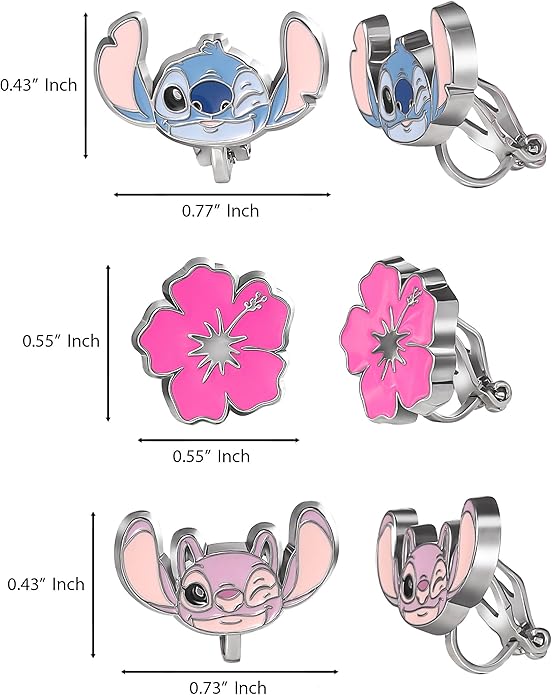 Disney Stitch and Angel Clip-On Earrings Official License, 3-Pack Stitch Gift Set, Valentines Earrings
