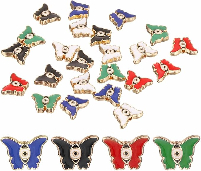 MECCANIXITY 20 Pcs Butterfly Evil Eye Beads Colorful Flat Loose Spacer Evil Eye Charms for DIY Bracelet Earrings Necklace Crafts Jewelry Making, Green/Red/Bright Blue/Black/White