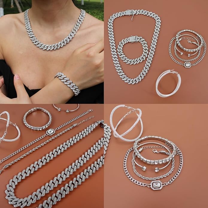 Hip Hop Cuban chain full Diamond necklace Rhinestone bracelet bracelet Gold and Silver women's Jewelry Women's earrings bracelet sets