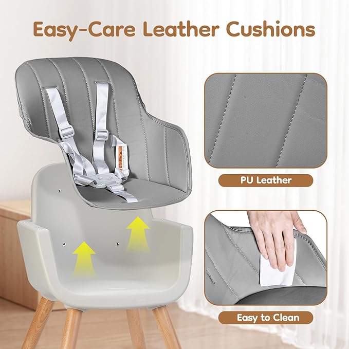 High Chairs for Babies and Toddlers,3 in 1 Convertible Wooden highchair, Baby High Chair with Adjustable Legs,5 Point Harness, Footrest, Dishwasher-Safe Tray & PU Leather Cushion, Gray
