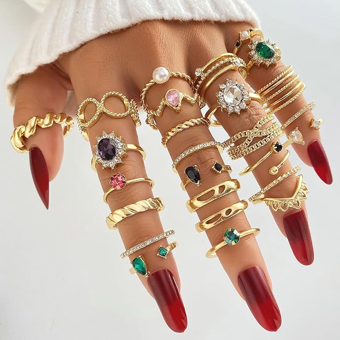 19-36 Pcs Gold Boho Knuckle Rings Set for Women, Vintage Stackable Dainty Joint Finger Gold Jewelry Set with Love Pearl and Sparkling Crystals