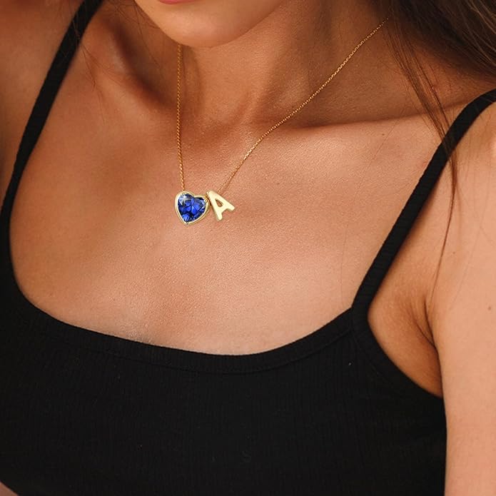 Valentines Day Gifts for Her- Heart Birthstone Initial Necklace for Women Girls,14K Gold Plated Heart Letter A-Z Necklace Birthday Trendy Jewelry Gifts for Women Girls Daughter