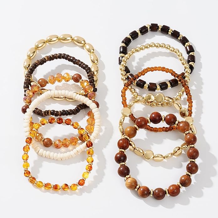 GOOJIDS Surfer Heishi Clay Bead Bracelets for Women Bohemian Stackable Gold Plated Beaded Stretch Bracelets Elastic Layering Friendship Bracelets Set Boho Jewelry