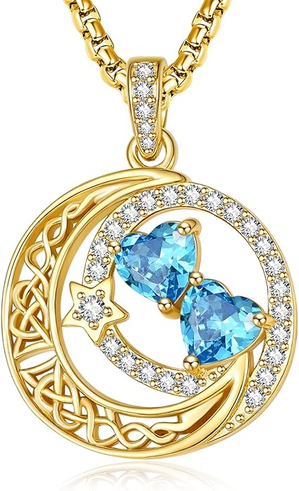 14K Gold Moon and Star Necklace Gifts for Women - Double Heart Birthstone Necklace, Valentines Wedding Anniversary Birthday Gifts for Her Wife Mom Daughter Grandma Sister