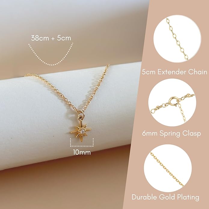 Annika Bella Sterling Silver Star Necklace for Women, Length 15-17 Inches, Tiny Cubic Zirconia North-Star Charm Pendant Necklace, Waterproof, Celestial Jewelry Gift for Her