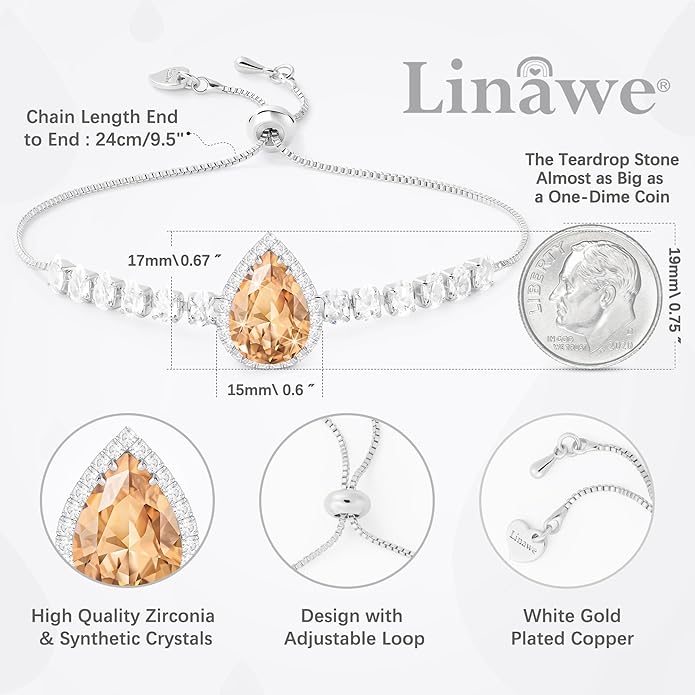 Linawe Crystal Imitation Diamond Rhinestone Charm Bracelets for Women, Gold/Silver/Rose Gold Adjustable Chain Bracelet, Teardrop Birthstone Cubic Zirconia Prom Costume Wedding Jewelry