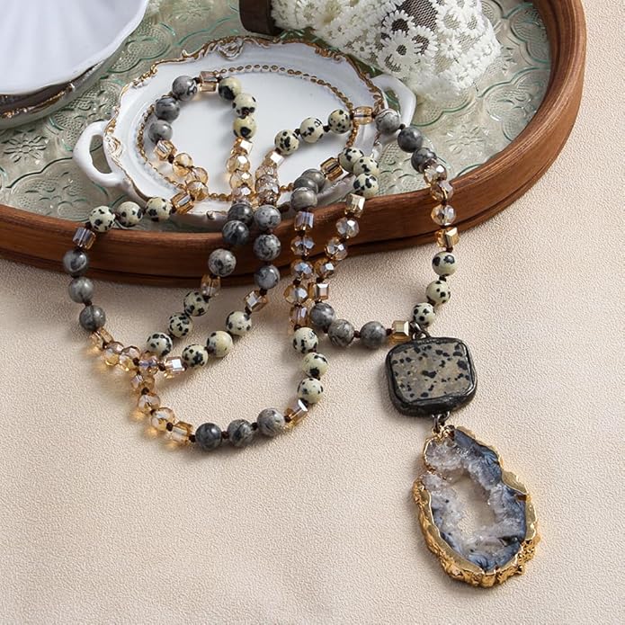 Yomisa Boho Necklaces for Women Men Long,33/34/35 Inch Natural Turquoise Tiger Eye Beaded Stone Pendant Necklaces for Women Trendy,Handmade Bohemian Western Bead Necklace Fashion Charm Jewelry Gift