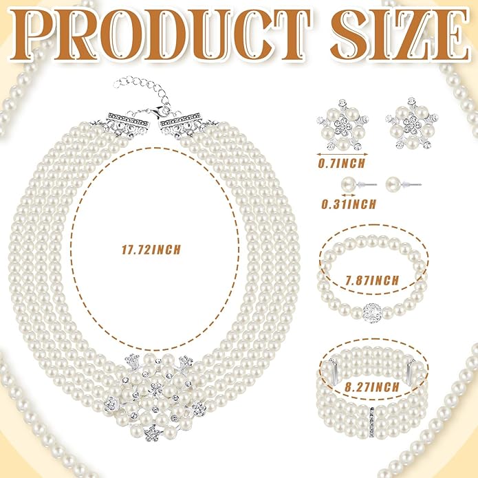 Glenmal Pearl Rhinestone Jewelry Set for Women Pearl Necklace Bracelet Earrings for Wedding Birthday Bridal Shower Tea Party