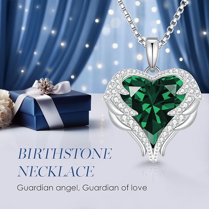 CDE Valentines Day Gifts for Women Angel Wings Necklace for Women with Birthstone, Love Heart Silver Tone/Gold Tone Pendant, Ideal Anniversary or Birthday Jewelry Gifts for Wife Girlfriend Her