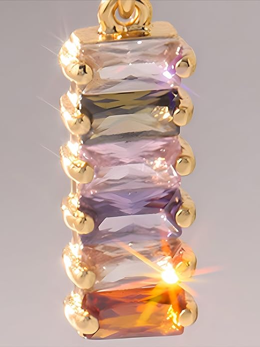 Colorful Zircon Dangle Earrings for Women18K Gold Plated Geometric Square Rainbow Sparkling Crystal S925 Sterling Silver Posts Hypoallergenic Dainty Multicolour Gemstone Drop Earrings