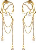 Unique Abstract Face Art | Dangle Statement Long Earrings for Women | Rhinestone Tassel Handmade Chandelier Earrings