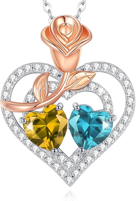 AGVANA Valentines Day Gifts Birthstone Necklace for Women Sterling Silver Rose Flower Heart Double Birthstone Jewelry Pendant Necklace Anniversary Birthday Gifts for Women Mom Wife Girlfriend Her