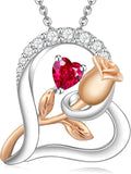 Rose Flower Heart Birthstone Necklaces for Women, 925 Sterling Silver Anniversary Jewelry, Pendant Heart Necklaces Birthday Anniversary Christmas Gift for Women Wife Mom Girlfriend Lady