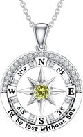 Compass Birthstone Necklace Gift for 2025 Graduation 925 Sterling Silver Compass ‘I'd be Lost Without You’ Pendant Necklaces Jewelry for Women Her Wife Gift for Birthday Anniversary