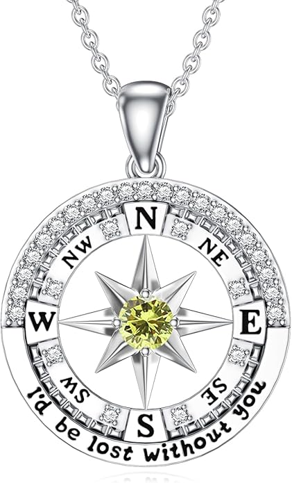 Compass Birthstone Necklace Gift for 2025 Graduation 925 Sterling Silver Compass ‘I'd be Lost Without You’ Pendant Necklaces Jewelry for Women Her Wife Gift for Birthday Anniversary