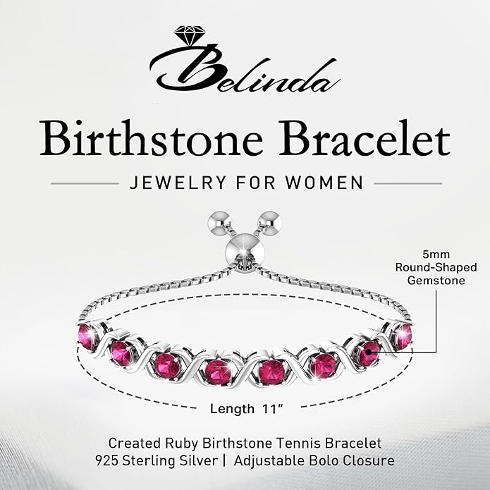 Birthstone Bangle Bracelet for Women Classic Beautiful 925 Sterling Silver Sparkling Gemstone XO Bolo Tennis Bracelet Fine Wrist Jewelry 4.2 Ct, 11"