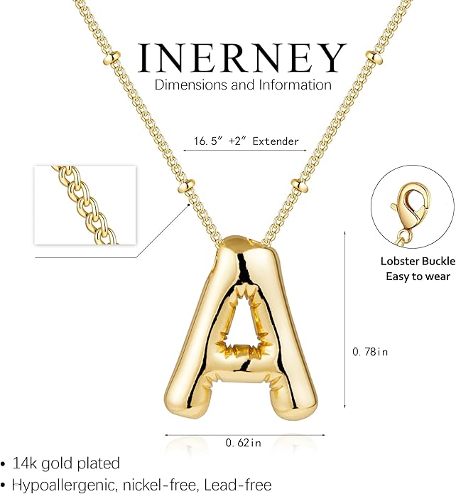 Inerney Valentines Day Gifts Gold Bubble Letter Necklace Initial Necklaces for Women, Chunky 14K Plated Balloon Initials, Trendy Charm Non Tarnish Custom Name Pendant Jewelry Gifts for Mom