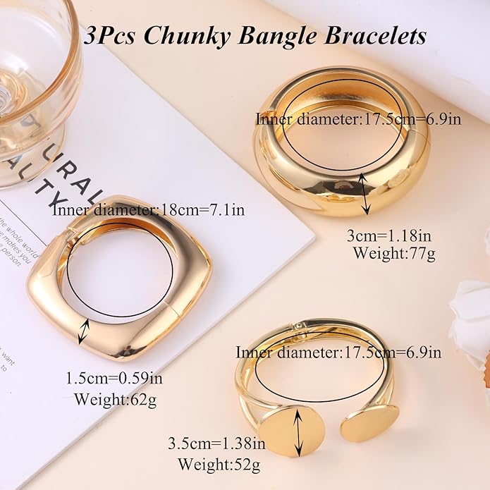 SAMOCO 3Pcs Chunky Gold Bangle Bracelets for Women Trendy Wide Wrist Cuff Bracelets Stack Statement Bangle Fashion Gifts