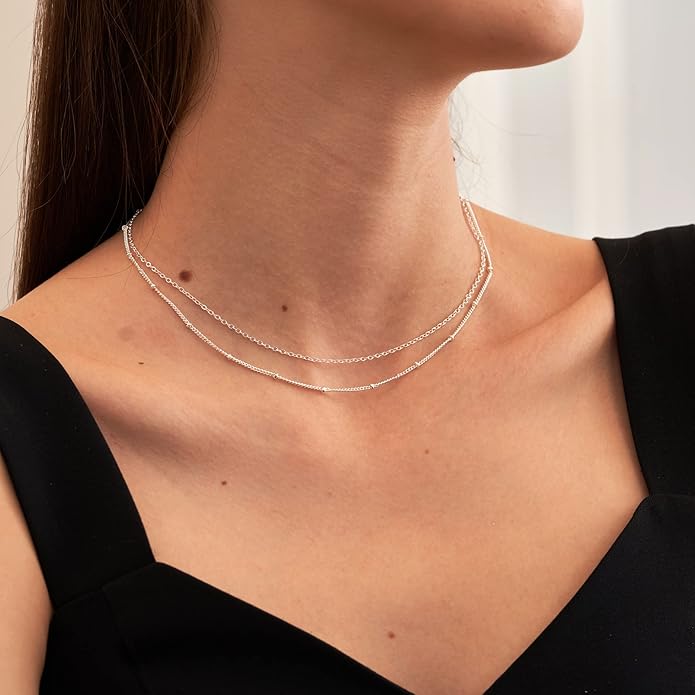 CHESKY 14k Gold Plated/Silver Plated Dainty Necklace for Women, Trendy Satellite Choker Necklace Thin Beaded Layered Choker Necklaces Discs Paperclip Chain Necklaces Womens Simple Jewelry